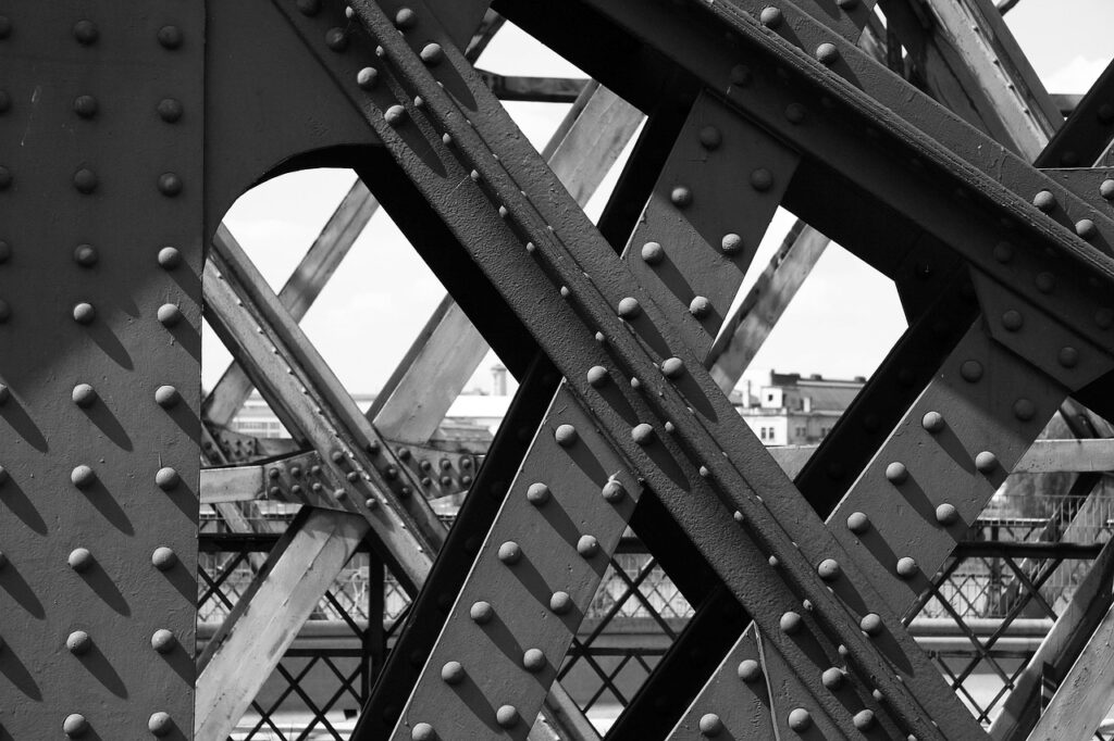 metal, stole, iron, industry, technology, bridge, metal construction, to build, rivet, strive across, pier, connection, construction, steel construction, construction element, structure, riveting heads, metal frame, architecture, carrier, iron girders